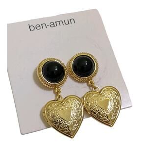 Ben Amun gold Tone Heart Love locket Dangle earrings New Rare